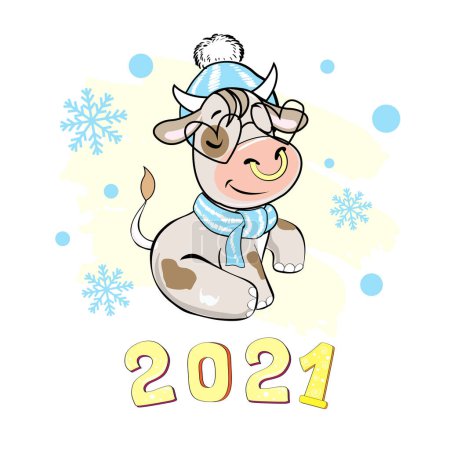 Ilustración de Bonita vaca de Navidad. Símbolo 2021. Dibujos animados vectoriales ilustración - Imagen libre de derechos