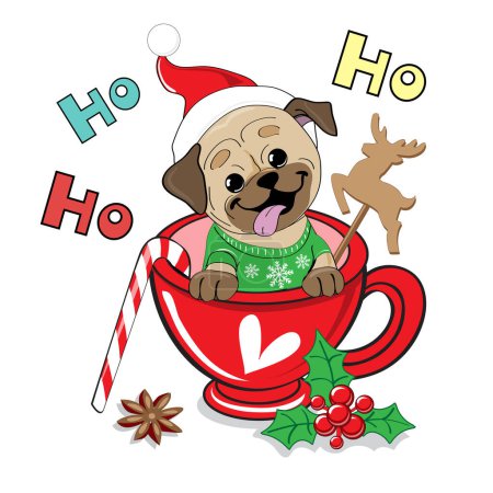 Téléchargez les illustrations : Jolie carte de Noël avec un chien de carlin portant un chapeau santa claus assis dans une tasse rouge. Carte postale vectorielle de dessin animé - en licence libre de droit