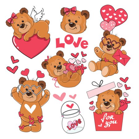 Ilustración de Lindo conjunto con osos de peluche de dibujos animados y corazón sobre un fondo blanco aislado. Ilustración vectorial para San Valentín y cumpleaños - Imagen libre de derechos