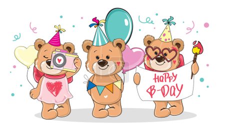 Téléchargez les illustrations : Jolie carte d'anniversaire ours en peluche. Illustration vectorielle de dessin animé - en licence libre de droit