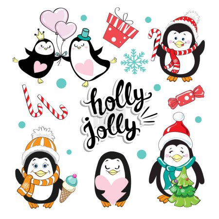 Photo for Funny christmas penguins collection and holly jolly text on white background isolated - Royalty Free Image