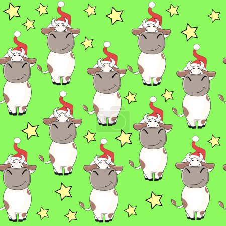 Illustration for Funny cow in santa claus hat and stars seamless pattern on green background. Symbol 2021 - Royalty Free Image