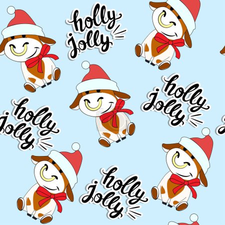 Téléchargez les illustrations : Motif sans couture avec des vaches drôles dans les chapeaux du Père Noël et texte joyeux houx sur fond bleu - en licence libre de droit