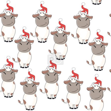 Téléchargez les illustrations : Drôle de vache en santa claus chapeau modèle sans couture. Le symbole 2021 - en licence libre de droit