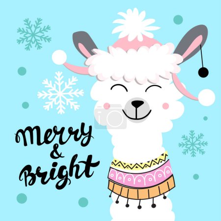 Téléchargez les illustrations : Lama drôle et l'inscription joyeuse et lumineuse. Illustration vectorielle. Noël et nouvelle carte de l'année - en licence libre de droit