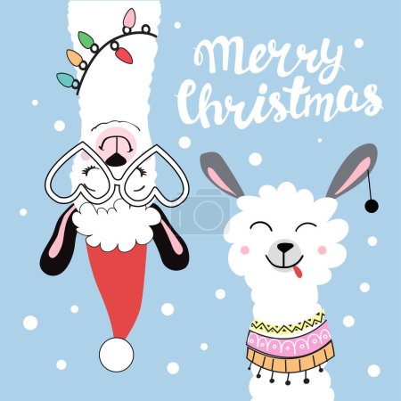 Ilustración de Llamas divertidas con gafas y la inscripción feliz Navidad. Ilustración vectorial. Navidad y año nuevo tarjeta - Imagen libre de derechos