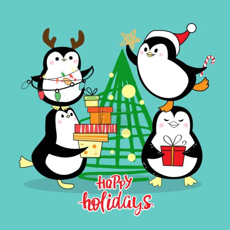 Téléchargez les illustrations : Drôle nouvelle année pingouins décorer arbre de Noël vectoriel dessin animé illustration - en licence libre de droit