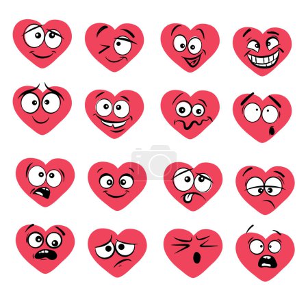 Téléchargez les illustrations : Funny Valentine's cartoon hearts emoji set avec des visages de dessin animé mignons pour le design. Concept de Saint-Valentin. Illustration vectorielle - en licence libre de droit