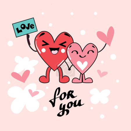 Illustration for Hippie heart Sticker for Valentine's Day. Trend of the 60s, 90s. Comic character happy heart. Vector illustration - Royalty Free Image