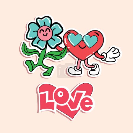 Illustration for Hippie Love Sticker and funny flower for Valentine's Day. Trend of the 60s, 90s. Comic character happy heart. Vector illustration - Royalty Free Image