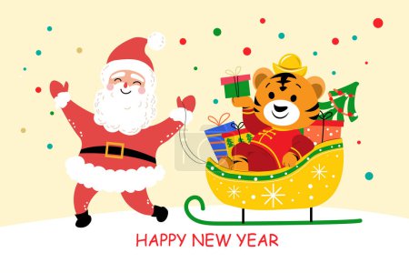 Téléchargez les illustrations : Carte du Nouvel An avec Père Noël et tigre sur un traîneau avec boîte cadeau. Illustration vectorielle symbole de chinois 2022 - en licence libre de droit