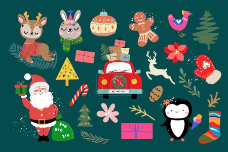 Ilustración de Año nuevo con Santa Claus, ciervos, decoraciones de Navidad. Ilustración vectorial estilo vintage. Doodle para niños - Imagen libre de derechos
