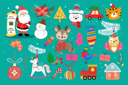 Ilustración de Año nuevo con Santa Claus, ciervos, decoraciones de Navidad. Ilustración vectorial estilo vintage - Imagen libre de derechos