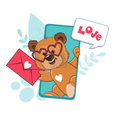 Illustration for Online congratulations Valentine's bear holds a letter with a message for Valentine's Day. Vector cartoon illustration - Royalty Free Image