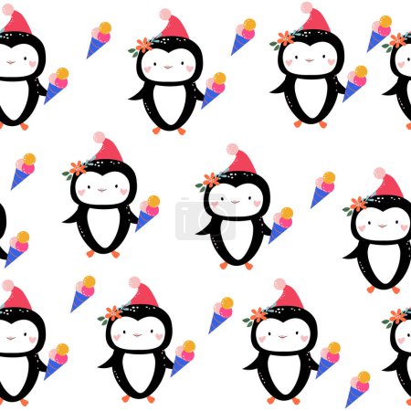 Téléchargez les illustrations : Pingouin dans un chapeau santa claus motif sans couture. Illustration vectorielle pour les vacances d'hiver pour enfants. Style caniche - en licence libre de droit
