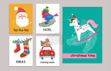 Ilustración de Conjunto de tarjetas navideñas de estilo vintage. Ilustración vectorial con unicornio, cabeza de santa y pájaro de año nuevo - Imagen libre de derechos