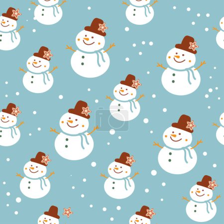 Illustration for Snowman seamless pattern on a blue background. Vector illustration for the new year - Royalty Free Image