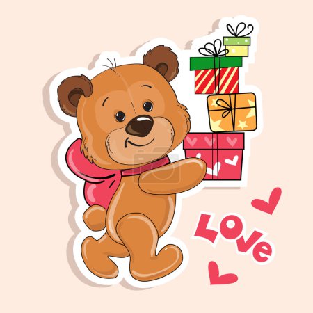 Téléchargez les illustrations : L'ours en peluche porte des cadeaux et l'inscription amour pour la Saint-Valentin. Illustration vectorielle des animaux de dessin animé - en licence libre de droit