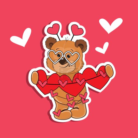 Ilustración de La pegatina del oso de peluche para el día de San Valentín. Ilustración vectorial de animales de dibujos animados - Imagen libre de derechos