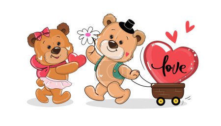 Téléchargez les illustrations : Deux ours amoureux d'un cœur et d'une fleur sur fond blanc. Illustration vectorielle carte Saint-Valentin - en licence libre de droit