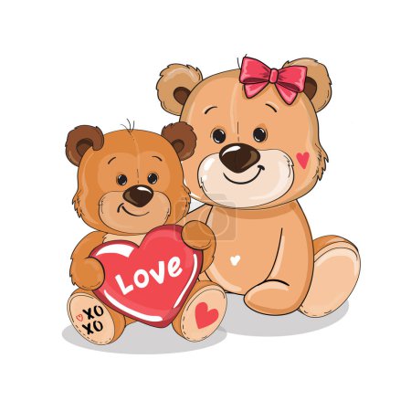 Ilustración de Dos bonitos osos de dibujos animados sostienen un corazón. Ilustración vectorial de una madre con su hijo. Día de San Valentín, Cumpleaños, Día de la Madre - Imagen libre de derechos