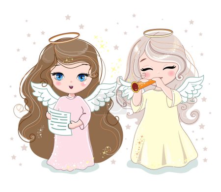 Illustration for Two cartoon little angel girls and stars on white background. Vector illustration for kids - Royalty Free Image