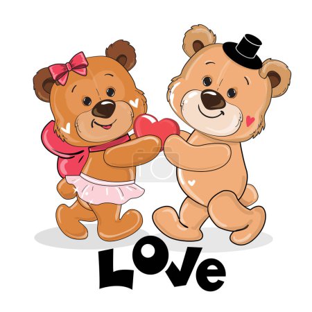 Téléchargez les illustrations : Deux ours en peluche amoureux tiennent un cœur. Illustration vectorielle de dessin animé. Carte Saint-Valentin - en licence libre de droit
