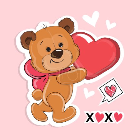 Téléchargez les illustrations : L'ours de la Saint-Valentin tient le cœur. Illustration vectorielle de dessin animé. Badges patch mode Autocollant - en licence libre de droit