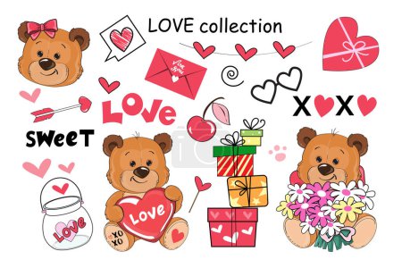 Ilustración de Colección San Valentín con oso de peluche y elementos de amor. Dibujos animados vectoriales ilustración - Imagen libre de derechos