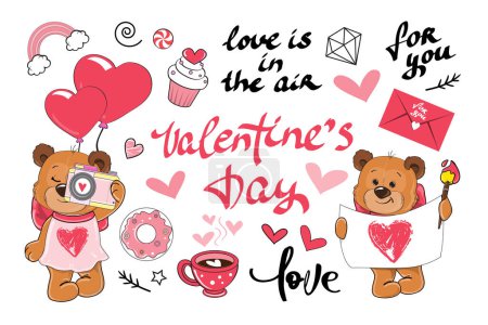 Ilustración de Colección San Valentín con peluche, letras de caligrafía y elementos de amor. Ilustración de dibujos animados vectoriales. Animales de amor - Imagen libre de derechos