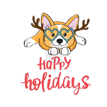 Téléchargez les illustrations : Illustration vectorielle de dessin animé avec chien corgi avec bois de cerf de Noël. Carte Nouvel An - en licence libre de droit