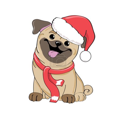 Illustration for Vector cartoon illustration with funny pug dog wearing santa claus hat - Royalty Free Image