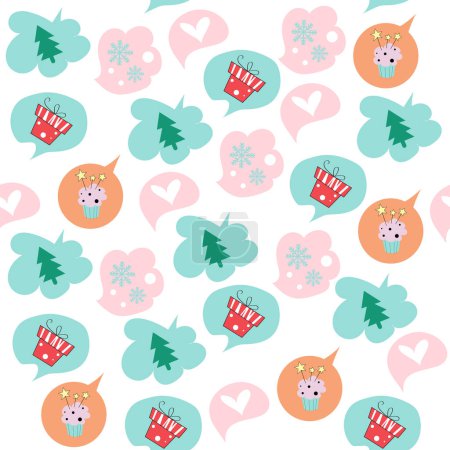 Illustration for Vector seamless pattern with Christmas icons in clouds. Christmas gifts, trees, cakes and hearts. - Royalty Free Image