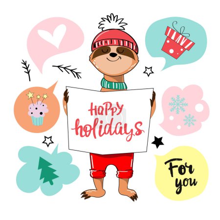 Illustration for Vector illustration with funny sloth. Happy Holidays lettering. New Year and Christmas card - Royalty Free Image