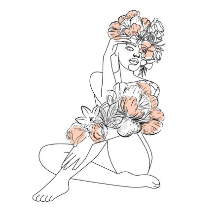 Téléchargez les illustrations : Une femme nue est assise dans des fleurs. Une ligne dessiner tendance de la mode. Illustration vectorielle - en licence libre de droit