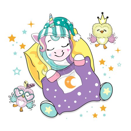 Illustration for A cute unicorn is sleeping under a blanket and owls - Royalty Free Image