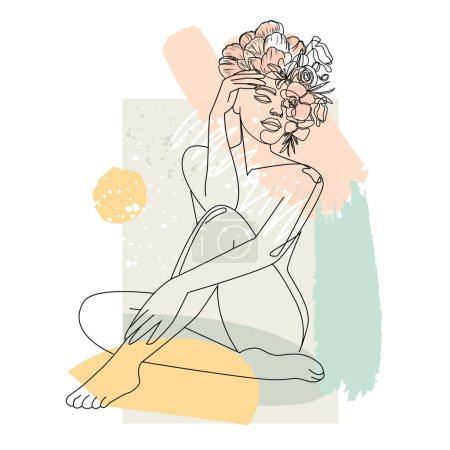Téléchargez les illustrations : Une femme nue est assise dans des fleurs. Une ligne art tendance moderne. Illustration vectorielle des personnes abstraites - en licence libre de droit