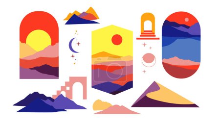 Illustration for Abstract Landscape mountains set. Trendy, modern template card for wall, banners, stories, posters. Simple vector illustration. Flat style - Royalty Free Image
