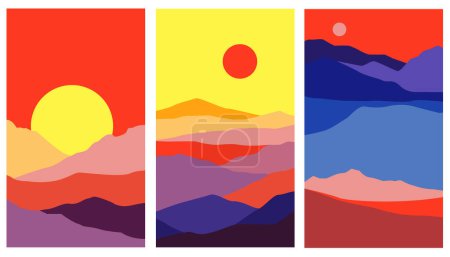 Ilustración de Paisaje abstracto conjunto de montañas. Tarjeta de plantilla moderna y de moda para pared, pancartas, historias, carteles. Ilustración simple vector - Imagen libre de derechos