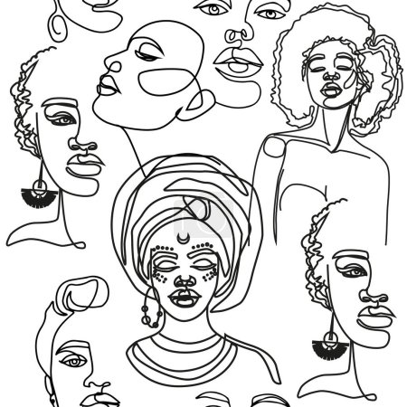 Illustration for Abstract portrait woman in one line seamless pattern. Modern trend minimalist style. Print for t-shirt - Royalty Free Image