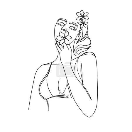 Téléchargez les illustrations : Abstrait été sexy fille tenant une fleur. Art moderne de ligne de tendance. Illustration vectorielle - en licence libre de droit