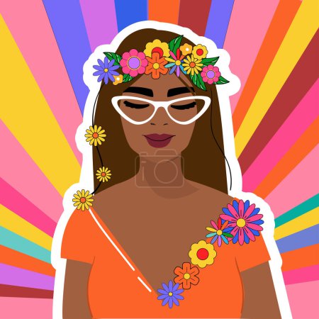 Illustration for Beautiful hippie woman with flowers in her hair on a psychedelic background. Vector retro illustration - Royalty Free Image