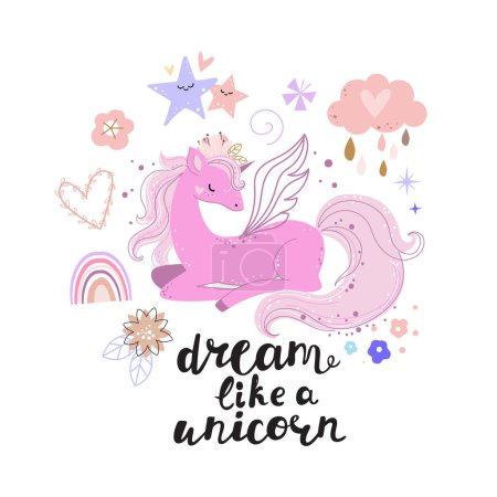 Téléchargez les illustrations : Belle licorne rose, nuage, étoile et lettrage rêvent comme une licorne. Illustration vectorielle. Style Boho - en licence libre de droit