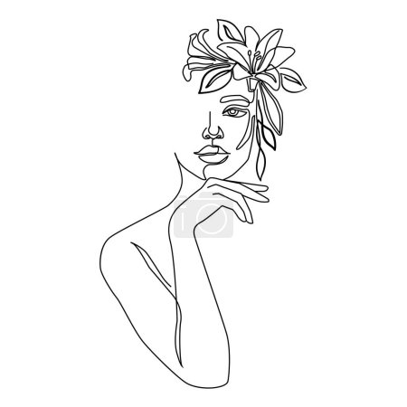Ilustración de Hermosa mujer con flores vector de una línea. Estilo lineal minimalista moderno de moda. Belleza, moda, diseño de la tarjeta de la plantilla con cara femenina - Imagen libre de derechos
