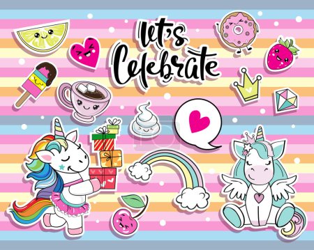 Illustration for Birthday set  stickers with cute unicorns and cakes in kawaii style. Vector illustration. T-shirt design, holiday card - Royalty Free Image
