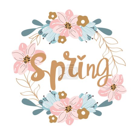 Illustration for Calligraphic lettering spring and flower frame isolated on white background. Vector simple style illustration - Royalty Free Image