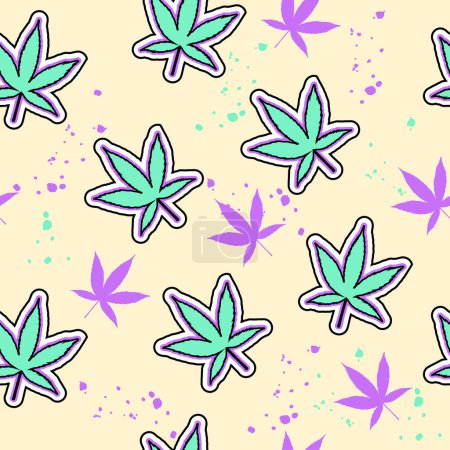 Téléchargez les illustrations : Cannabis feuille modèle hippie psychédélique sans couture. Illustration vectorielle - en licence libre de droit