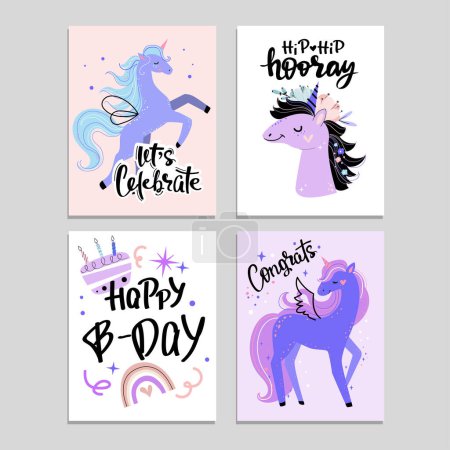 Ilustración de Colección de invitaciones de cumpleaños para niños con unicornios y letras. Ilustración vectorial. Estilo dibujado a mano - Imagen libre de derechos