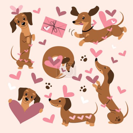 Téléchargez les illustrations : Collection de chiens teckel avec cœur pour la Saint Valentin. Illustration vectorielle de gribouillage de dessin animé - en licence libre de droit