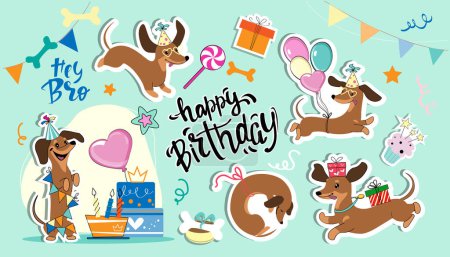 Illustration for Collection of dachshund dogs stickers and birthday items. Vector cartoon illustration - Royalty Free Image